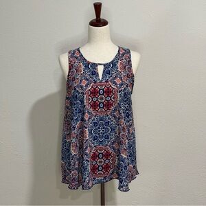 Allison Joy Blue and Red Patterned Sleeveless Blouse Size L